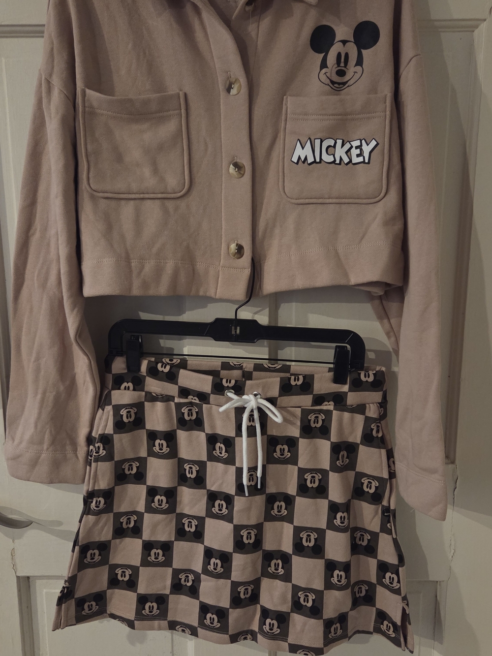 Disney Beige and Black Mickey Cropped Cardigan and Checker Skirt Set